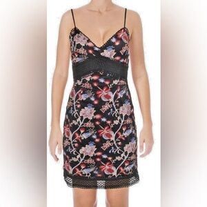 Aqua black embroidered floral dress, small